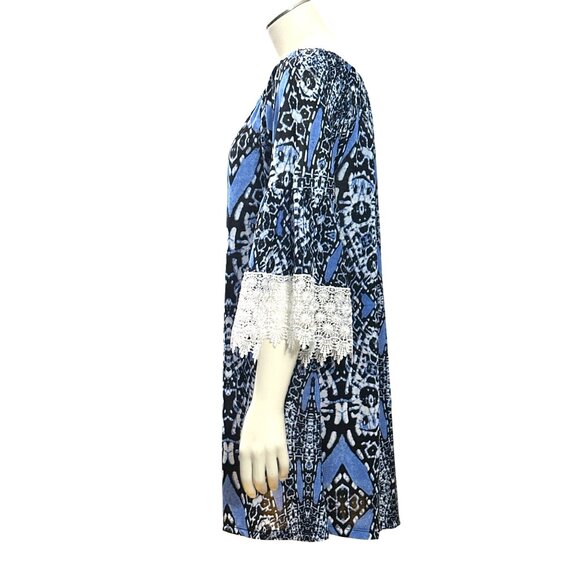 CCC Blue Black Print Off Shoulder Tunic Dress Lace Bell Sleeves Boho Style XLarg - Picture 4 of 9